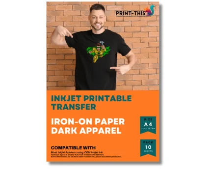 Inkjet dark transfer paper package with printed black t-shirt example