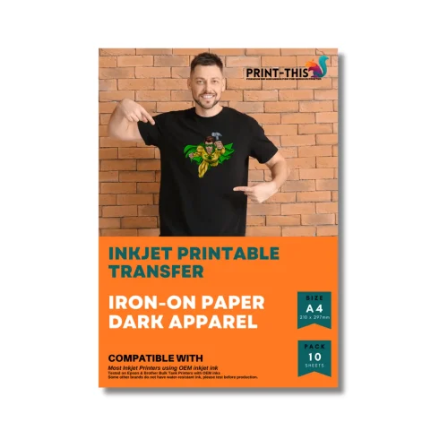 Inkjet dark transfer paper package with printed black t-shirt example