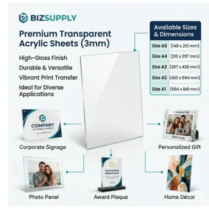 Clear 3mm Acrylic Sheets – Glass-Look (A5 to A1 Sizes) (for Sublimation and Sticker vinyl)