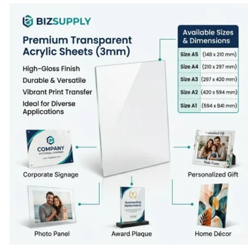 Clear 3mm Acrylic Sheets – Glass-Look (A5 to A1 Sizes) (for Sublimation and Sticker vinyl)